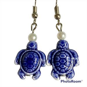 Pearl Blue Ceramic Bead Sea Turtle Earrings Nautical Island Beach Dangle